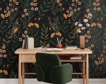 Wallpaper Peel and Stick, Orange Floral Wall Art, Dark Botanical Wall Decor, Floral Wallpaper, Garden Removable Wallpaper - 1407