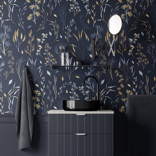 Dark Blue Wallpaper, Gold Color Twigs Wallpaper, Vintage Navy Wallpaper, Peel and Stick Wallpaper, Removable Wallpaper, Vintage Decor - 1579