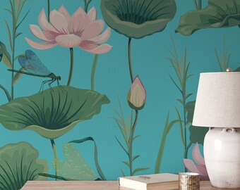 Dragonfly Wallpaper, Turquise Wall Art, Botanical Leaves Wallpaper, Green Lilliac, Pink Flowers, Water Insects, Nature Wall Art - 1680