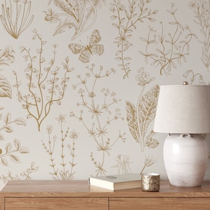 Carta da parati color oro con motivo naturale, decorazione da parete a farfalla, decorazione da parete per giardino, decorazioni per la casa luminose e stravaganti, murale floreale, motivo botanico - 220