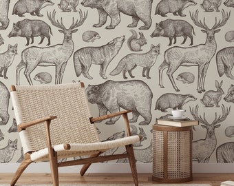 Beige Wild Life Wallpaper, Animal Pattern, Forest Beige and Brown Wallpaper, Bear and Deer Wall Art, Peel and Stick Renters Wallpaper - 1660