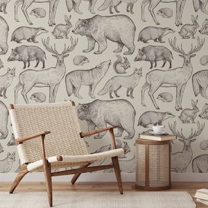 Beige Tapete, Tiermuster, Waldbeige und Braune Tapete, Bären- und Hirsch-Wand-Kunst, Schälen und aufkleben Renters-Tapete - 1660