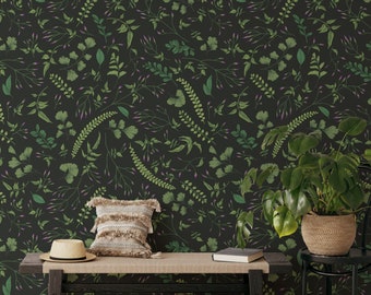 Botanical Wallpaper, Dark Green Leaves Wall Art, Botanical Wall Decor, Dark Botanical Wallpaper, Dark Dense Garden Removable Wallpaper - 307