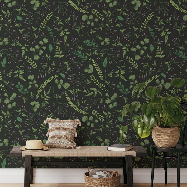 Botanical Wallpaper, Dark Green Leaves Wall Art, Botanical Wall Decor, Dark Botanical Wallpaper, Dark Dense Garden Removable Wallpaper - 307