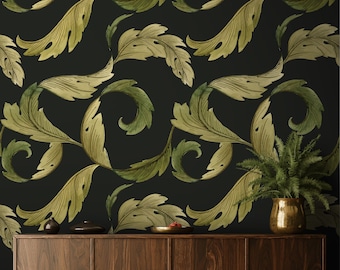 Vintage Green Leaves, Large Leaves, Retro Wallpaper, Black Wallpaper, Removable Peel and Stick Wallpaper, Home Decor, Art Nouveau - 562