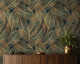 Golden Palm Leaves, Botanical Wall Art, Dark Green Wallpaper, Removable Wallpaper, Peel and Stick Wallpaper, Vintage Home Decor  - 1534