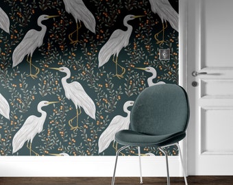 White Cranes Wallpaper, Animal Wall Art, Dark Wallpaper, Green Wall Print, Removable Wallpaper, Peel and Stick Wallpaper, Home Decor - 1481