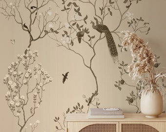 Peacocks Wallpaper, Birds Wall Art, Beautiful Birds Sitting On Tree, Warm Colors Retro Wallpaper, Temporary Wallpaper, Peel and Stick - 1023