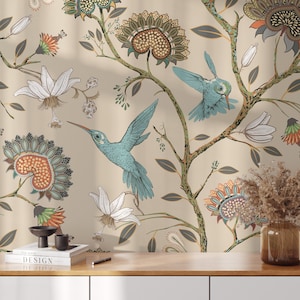 Carta da parati Blue Bird, carta da parati beige, arte murale con animali, carta da parati rimovibile, carta da parati da giardino, carta da parati staccabile e attaccabile, arredamento per la casa - 1507