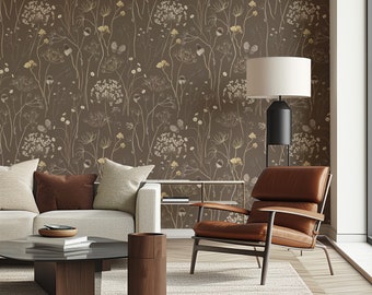 Brown Garden Wallpaper, Floral Wall Art, Peel and Stick Removable Wallpaper, Vintage Look Wall Art, Whimsical Wallpaper, Dark Decor - 1743