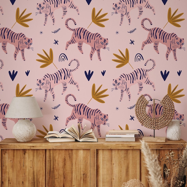 Cute tiger aesthetic home decor, pink wall decor wallpaper removable peel and stick wall art, tigers wallpaper - 1842