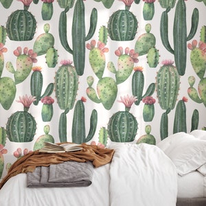 Cacti Wallpaper, Watercolor Wall Art, Nature Wallpaper, Wall Hanging, Cactus Wallpaper, Peel and Stick Wallpaper, Removable Wallpaper - 540