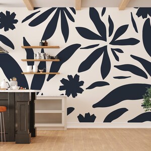 Dark Abstract Leaves Wallpaper, Abstract Botanical Wallpaper, Wall Art, Dark Steel Blue Leaves, Large Leaves, Peel and Stick Mural 1675 image 2