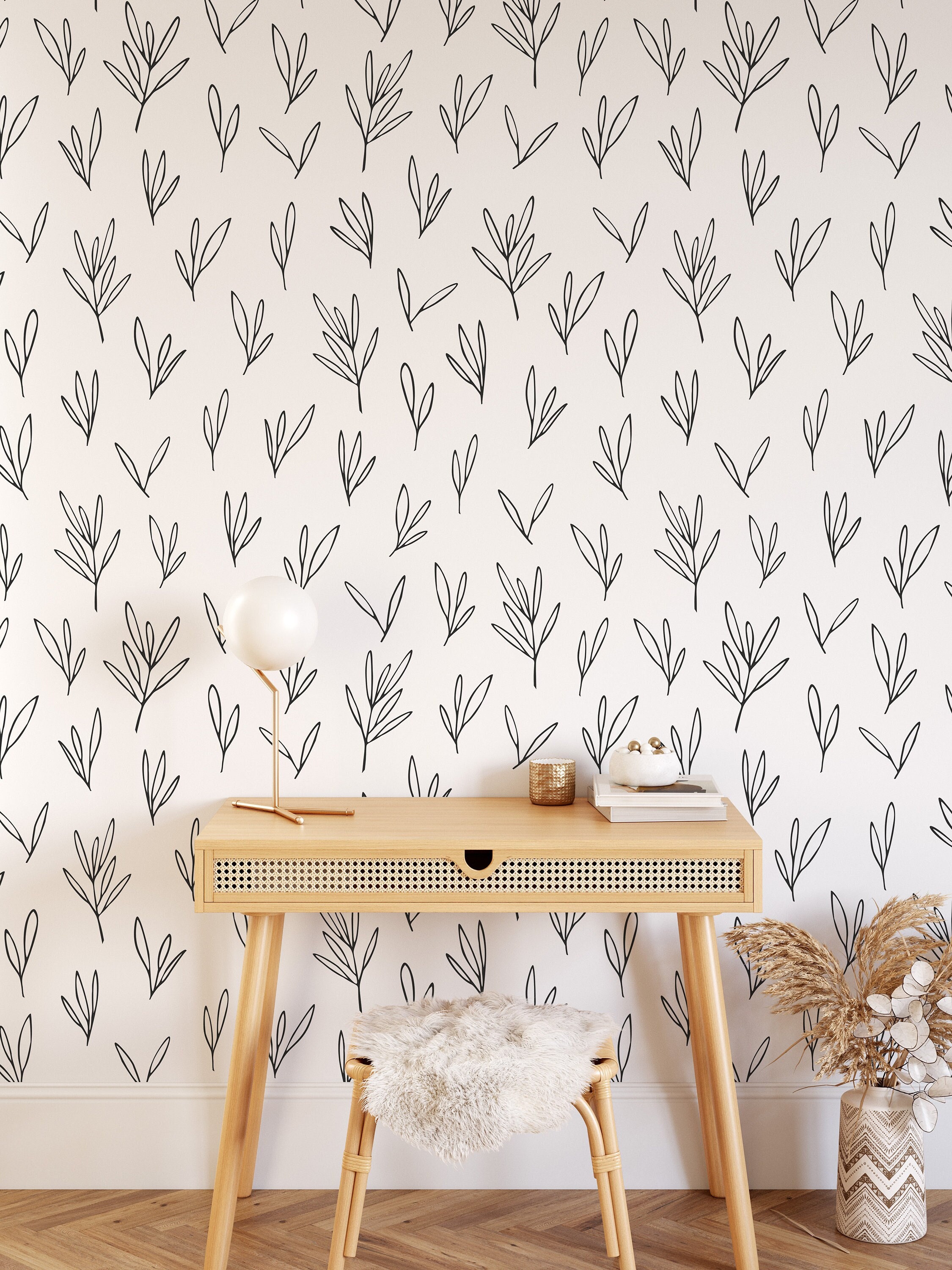 Scandinavian Branches Wallpaper, Leaves Wallpaper, Black and White ...