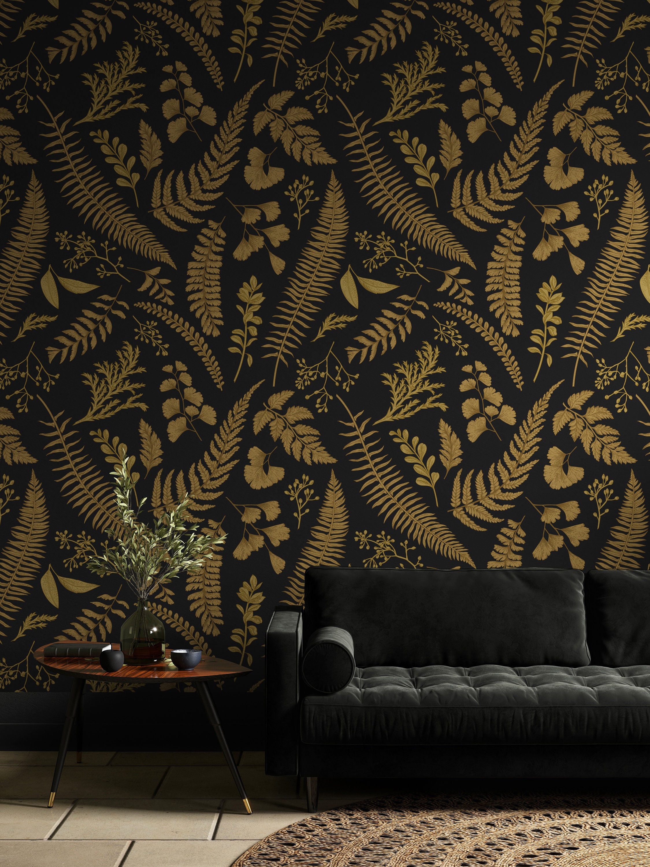 dark-gold-color-ferns-wallpaper-ferns-wall-art-vintage-wall-decor