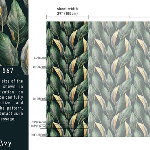 Peut inclure: Une illustration num&eacute;rique d'un motif r&eacute;p&eacute;titif de feuilles vertes et dor&eacute;es sur un fond sombre. Le motif est disponible en diff&eacute;rentes tailles, de 91 cm &agrave; 275 cm. Le texte "SKU 567" et "wa/vy" est &eacute;galement visible sur l'image.