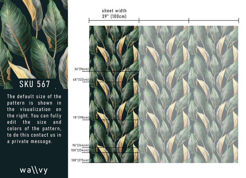 Peut inclure: Une illustration num&eacute;rique d'un motif r&eacute;p&eacute;titif de feuilles vertes et dor&eacute;es sur un fond sombre. Le motif est disponible en diff&eacute;rentes tailles, de 91 cm &agrave; 275 cm. Le texte "SKU 567" et "wa/vy" est &eacute;galement visible sur l'image.