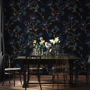 Dark Floral Wallpaper, Dark Blue Wallpaper, Navy Blue Garden Wallpaper, Removable Wallpaper, Peel and Stick Wallpaper, Home Decor 1470 image 2