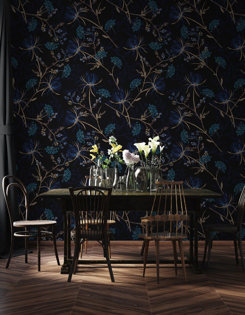 Dark Floral Wallpaper, Dark Blue Wallpaper, Navy Blue Garden Wallpaper, Removable Wallpaper, Peel and Stick Wallpaper, Home Decor 1470 image 2