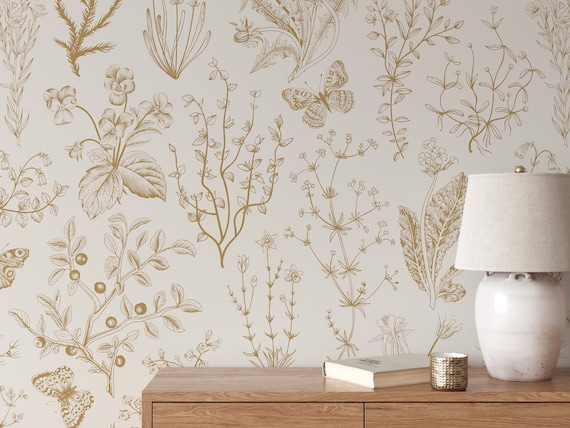 Gold Color Nature Wallpaper, Butterfly Wall Decor, Garden Wall Art, Bright Whimsical Home Decor, Floral Wall Mural, Botanical Pattern- 220