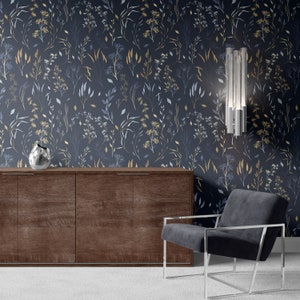 Dark Blue Wallpaper, Gold Color Twigs Wallpaper, Vintage Navy Wallpaper, Peel and Stick Wallpaper, Removable Wallpaper, Vintage Decor 1579 image 4