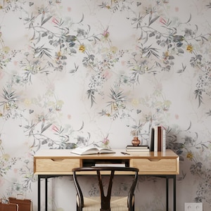 Delicate Floral Wallpaper, Floral Wall Mural, Yellow Flowers, Abstract Floral Wallpaper, Moody Wallpaper, Peel and Stick Luxury Decor 1548 image 2