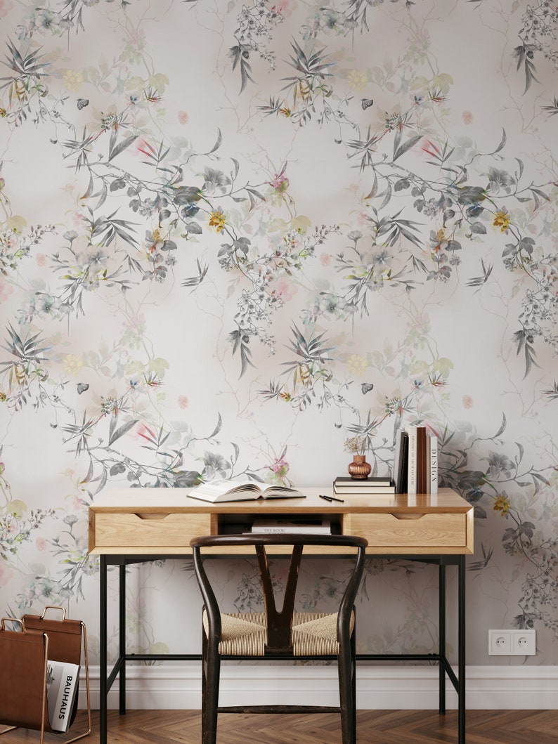 Delicate Floral Wallpaper, Floral Wall Mural, Yellow Flowers, Abstract Floral Wallpaper, Moody Wallpaper, Peel and Stick Luxury Decor 1548 image 2