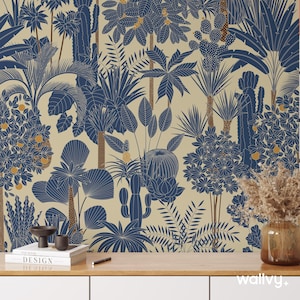 Foresta pluviale dorata, carta da parati staccabile e adesiva, cactus e foglie di palma in blu navy e oro, murale botanico moderno, arte murale della giungla - 1974