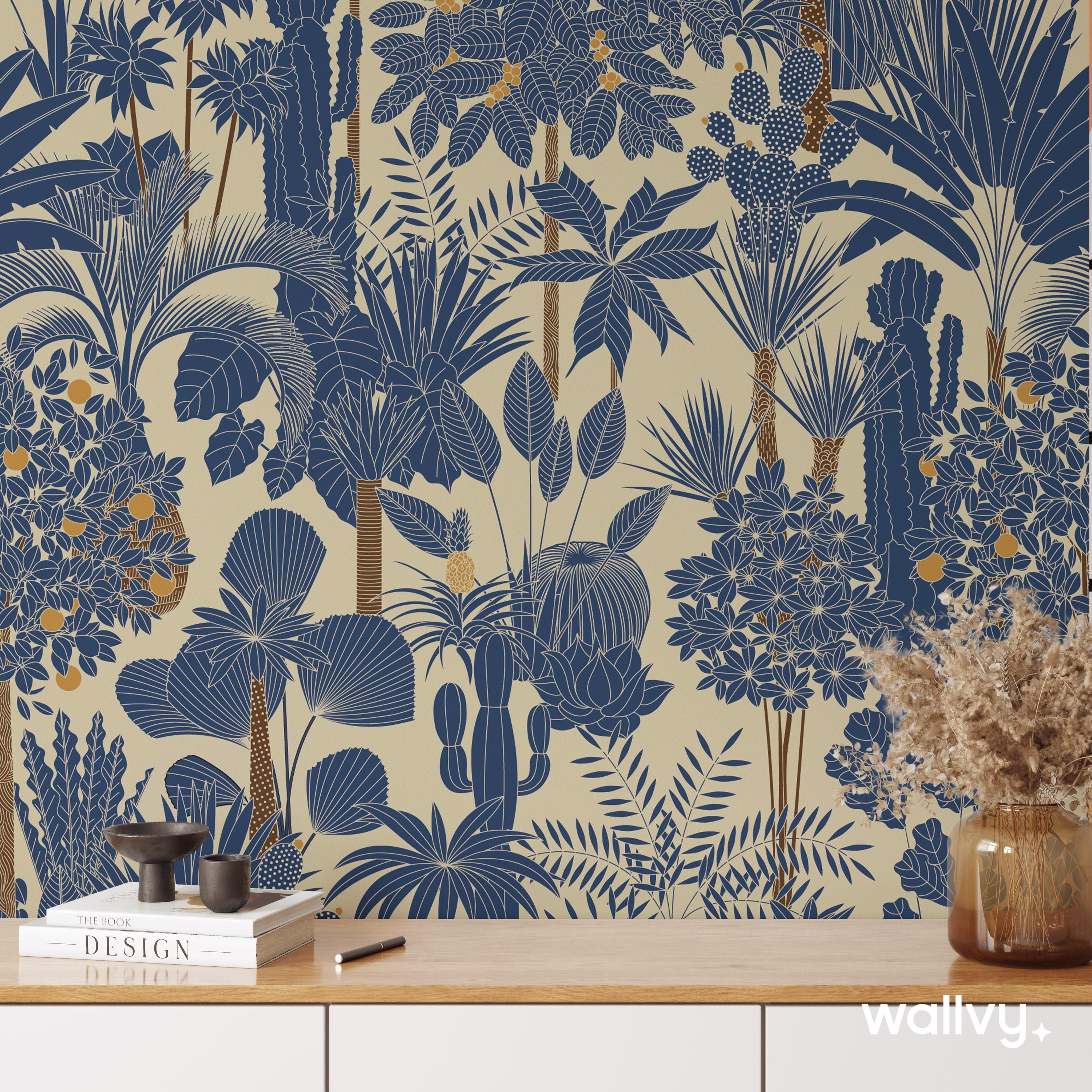 Golden Rainforest, Peel and Stick Wallpaper, Cacti and Palm Leaves in Navy and Gold, Modern Botanical Wall Mural, Jungle Wall Art - 1974