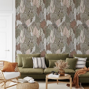 Large Vintage Leaves Wallpaper, Botanical Wall Art, Dense Jungle Wallpaper, Moody Wallpaper, Green and Brown Leaves, Retro Wall Decor - 1022