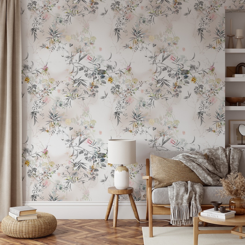 Delicate Floral Wallpaper, Floral Wall Mural, Yellow Flowers, Abstract Floral Wallpaper, Moody Wallpaper, Peel and Stick Luxury Decor 1548 image 3