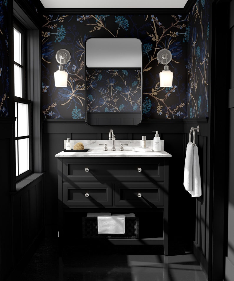Dark Floral Wallpaper, Dark Blue Wallpaper, Navy Blue Garden Wallpaper, Removable Wallpaper, Peel and Stick Wallpaper, Home Decor 1470 image 1