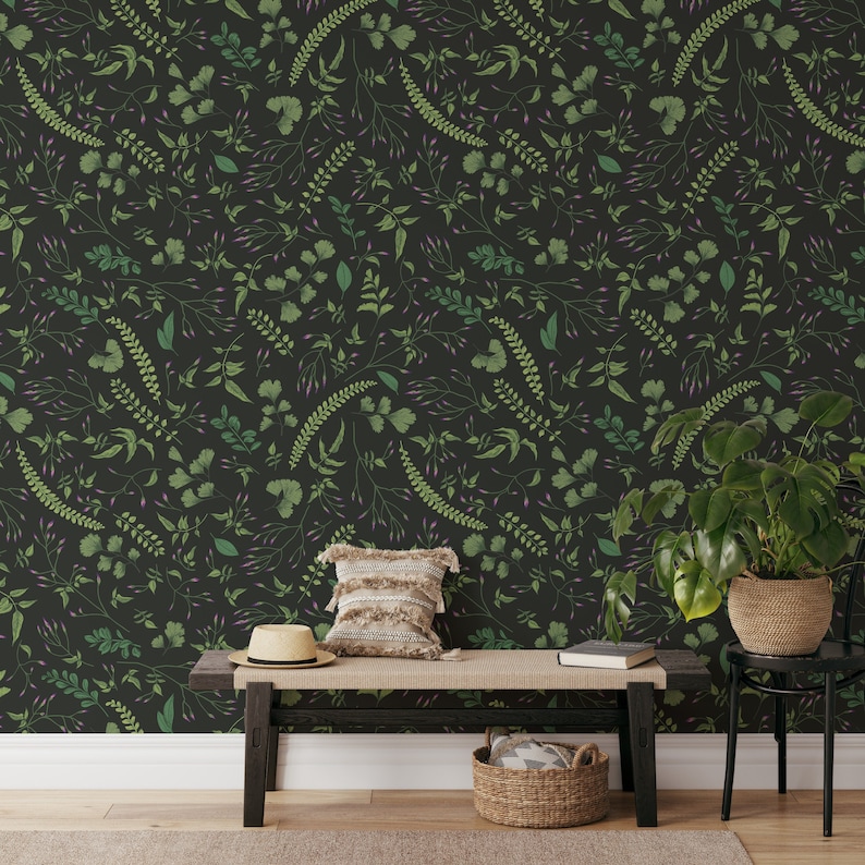 Botanical Wallpaper, Dark Green Leaves Wall Art, Botanical Wall Decor, Dark Botanical Wallpaper, Dark Dense Garden Removable Wallpaper 307 image 1