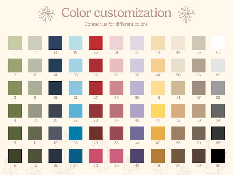 Peut inclure: Un nuancier avec 66 &eacute;chantillons de couleurs diff&eacute;rentes. Chaque &eacute;chantillon est num&eacute;rot&eacute; de 1 &agrave; 66. Le nuancier est intitul&eacute; "Personnalisation des couleurs" et "Contactez-nous pour diff&eacute;rentes couleurs !"