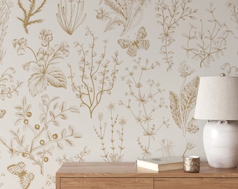 Gold Color Nature Wallpaper, Butterfly Wallpaper, Garden Wallpaper, Bright Whimsical Wallpaper, Floral Wallpaper, Botanical Wall Art - 220
