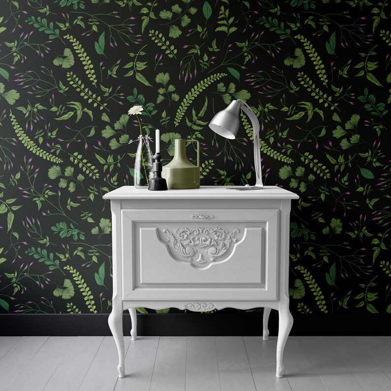 Botanical Wallpaper, Dark Green Leaves Wall Art, Botanical Wall Decor, Dark Botanical Wallpaper, Dark Dense Garden Removable Wallpaper 307 image 3