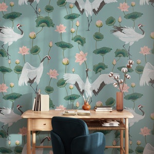Oriental White Birds, Floral Wall Art, Animal Wallpaper, White Cranes, Lotus Flower, Peel and Stick Wallpaper, Removable Wallpaper 537 image 1