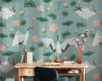 Oriental White Birds, Floral Wall Art, Animal Wallpaper, White Cranes, Lotus Flower, Peel and Stick Wallpaper, Removable Wallpaper - 537