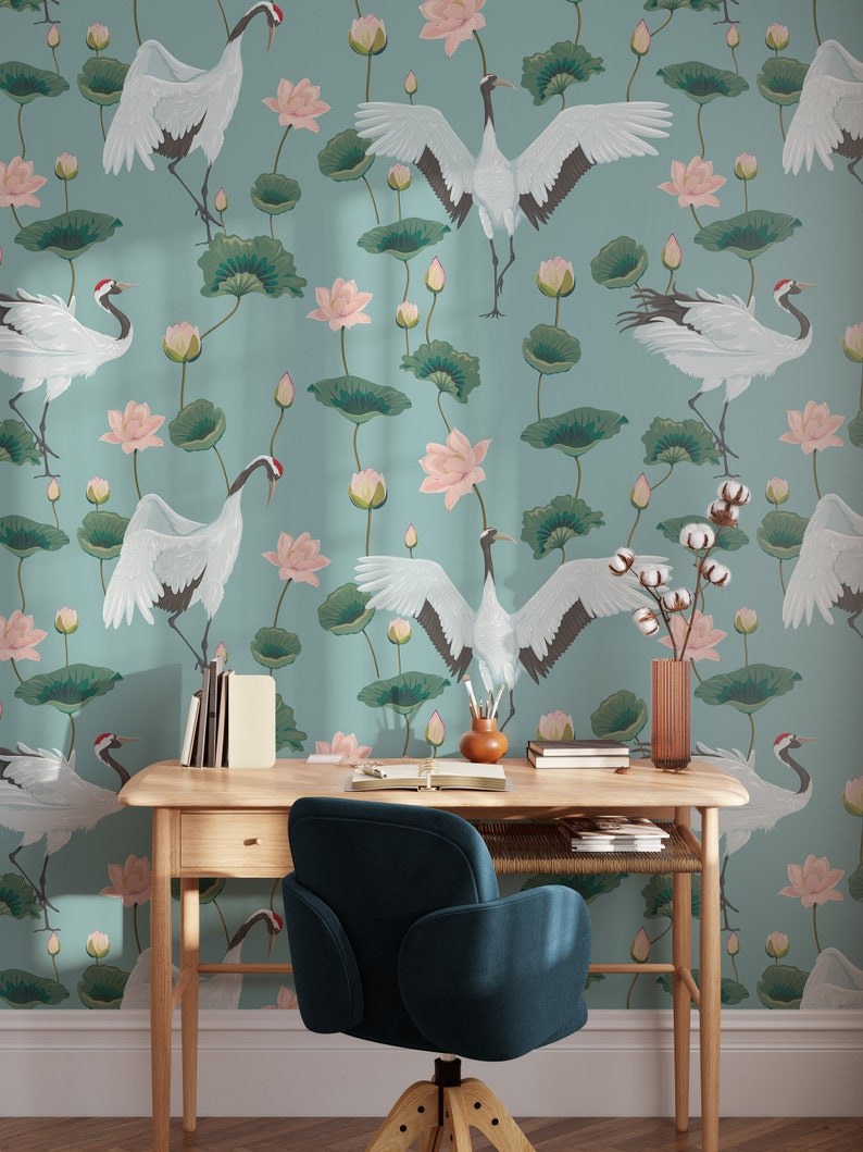 Oriental White Birds, Floral Wall Art, Animal Wallpaper, White Cranes, Lotus Flower, Peel and Stick Wallpaper, Removable Wallpaper 537 image 1