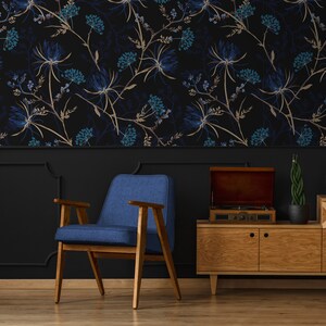 Dark Floral Wallpaper, Dark Blue Wallpaper, Navy Blue Garden Wallpaper, Removable Wallpaper, Peel and Stick Wallpaper, Home Decor 1470 image 3