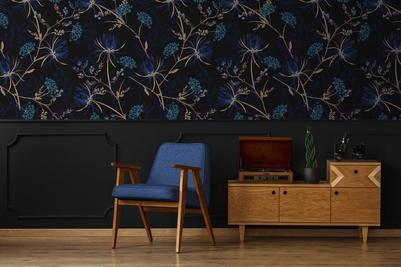 Dark Floral Wallpaper, Dark Blue Wallpaper, Navy Blue Garden Wallpaper, Removable Wallpaper, Peel and Stick Wallpaper, Home Decor 1470 image 3