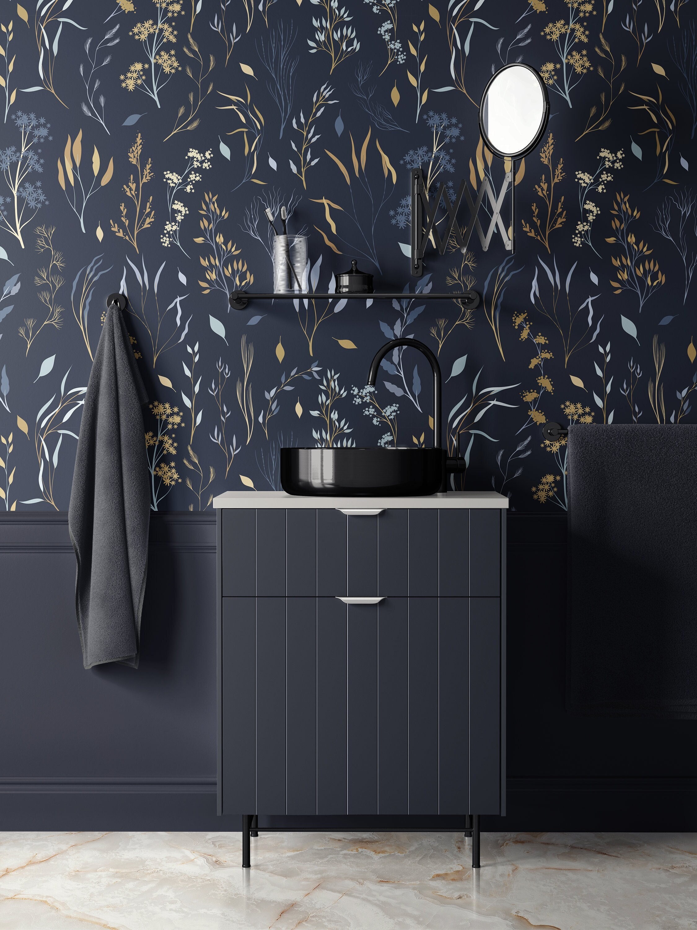 Dark Blue Wallpaper, Gold Color Twigs Wallpaper, Vintage Navy Wallpaper