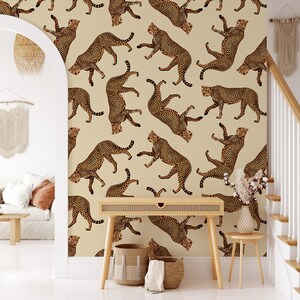 Wild Cat Wallpaper, Cheetah Wall Art Print, Animal Pattern, Removable Vinyl Wallpaper, Peel and Stick Wallpaper, Vintage Home Decor 1333 image 2