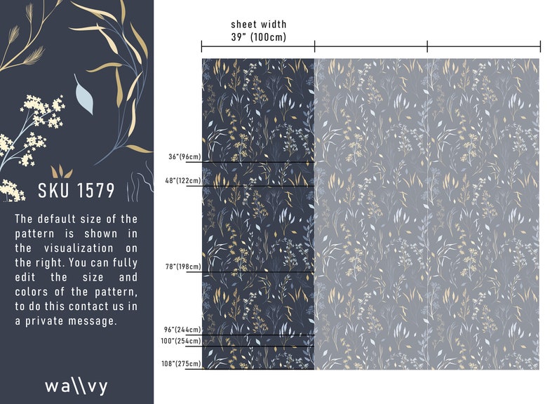 Dark Blue Wallpaper, Gold Color Twigs Wallpaper, Vintage Navy Wallpaper, Peel and Stick Wallpaper, Removable Wallpaper, Vintage Decor 1579 image 5