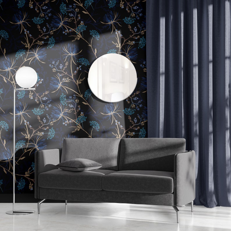 Dark Floral Wallpaper, Dark Blue Wallpaper, Navy Blue Garden Wallpaper, Removable Wallpaper, Peel and Stick Wallpaper, Home Decor 1470 image 4