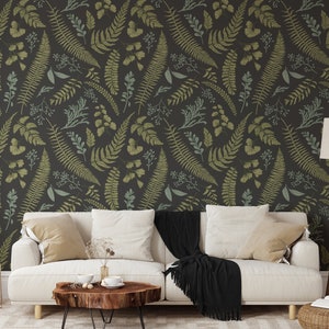Dark Green Ferns Wallpaper, Garden Wallpaper, Botanical Wall Art, Peel and Stick Wallpaper, Moody Wallpaper, Home Decor, Wall Art - 582