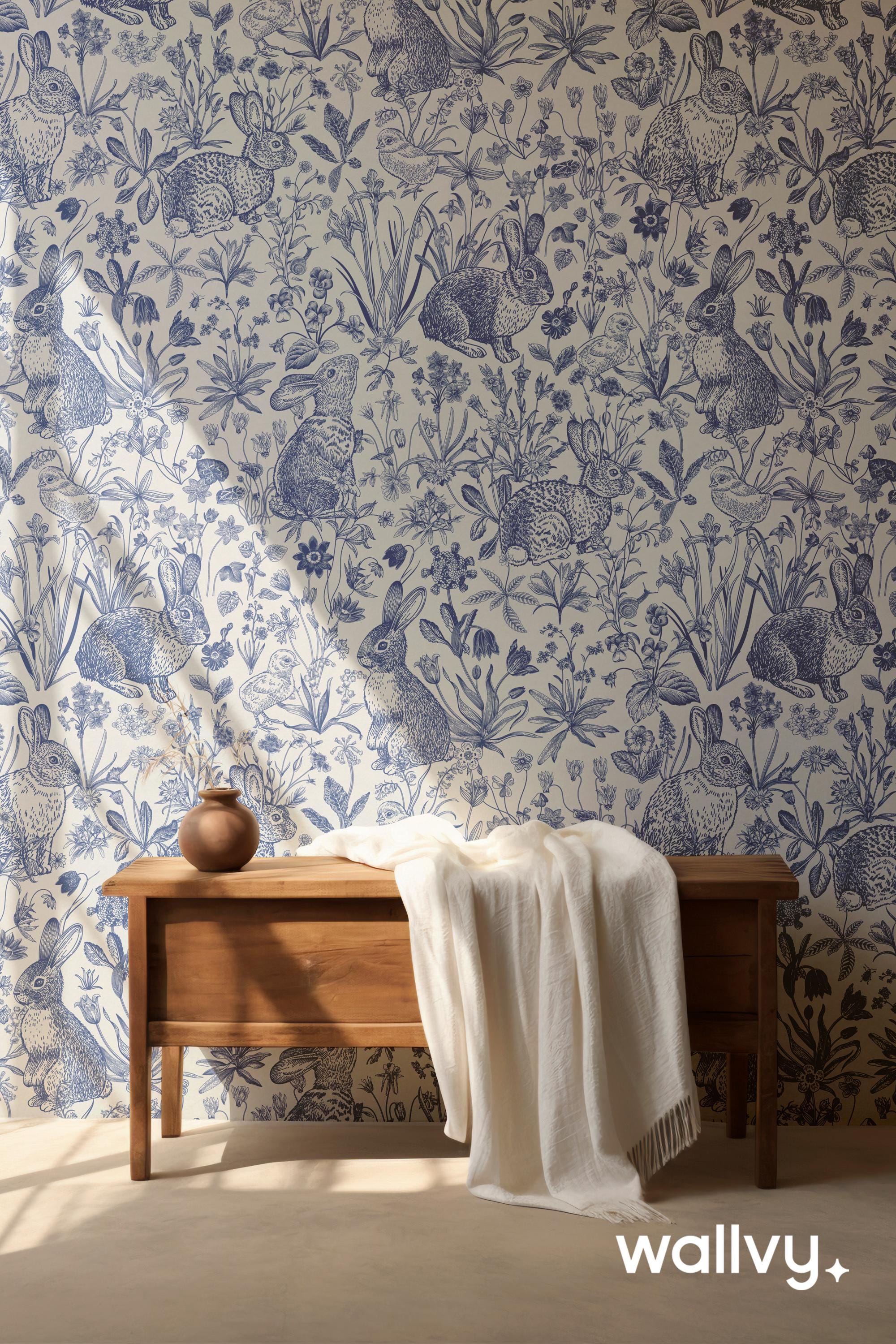 Vintage Bunny Wallpaper, Blue and White Toile, Floral Woodland, Self-Adhesive & Traditional, Peel and Stick, Removable Wall Decor - 1895