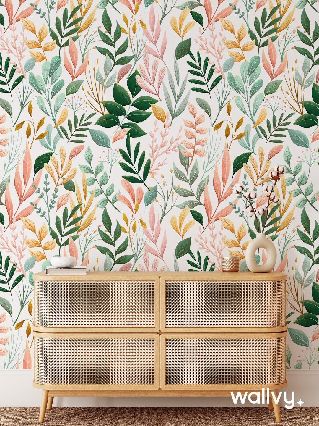 Pastel Green and Pink Leaves, Peel and Stick Removable Wallpaper ...