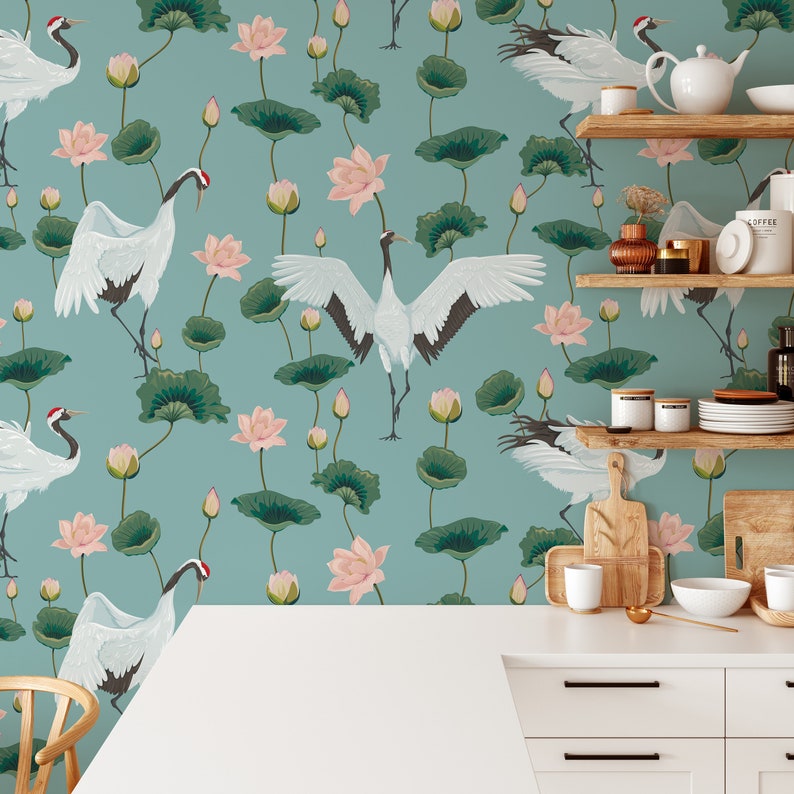 Oriental White Birds, Floral Wall Art, Animal Wallpaper, White Cranes, Lotus Flower, Peel and Stick Wallpaper, Removable Wallpaper 537 image 2