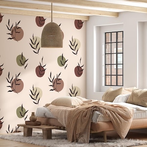 Boho aesthetic leaves wallpaper, cute cozy wall decor, wall sticker leaves and dot, pink wallpaper botanical leaves retro style - 1807
